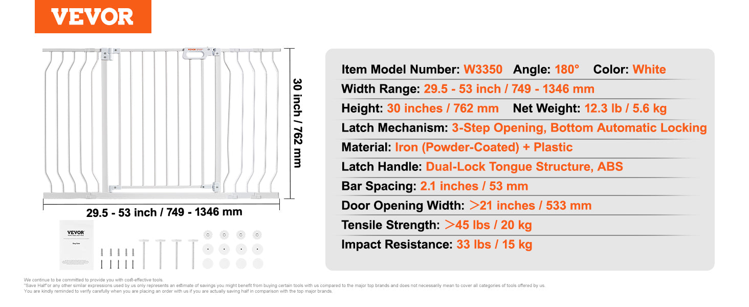 VEVOR Baby Gate 29.5"-39"/ 48.4"/ 53"/ 57.8" Extra Wide 30" High Dog Gate for Stairs Doorways and House Auto Close Security Gate