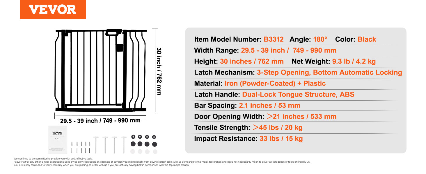 VEVOR Baby Gate 29.5"-39"/ 48.4"/ 53"/ 57.8" Extra Wide 30" High Dog Gate for Stairs Doorways and House Auto Close Security Gate