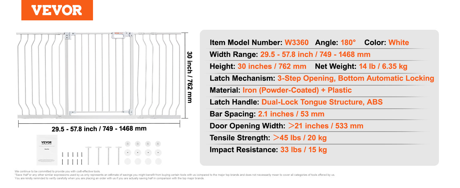 VEVOR Baby Gate 29.5"-39"/ 48.4"/ 53"/ 57.8" Extra Wide 30" High Dog Gate for Stairs Doorways and House Auto Close Security Gate