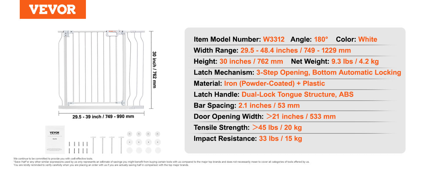 VEVOR Baby Gate 29.5"-39"/ 48.4"/ 53"/ 57.8" Extra Wide 30" High Dog Gate for Stairs Doorways and House Auto Close Security Gate