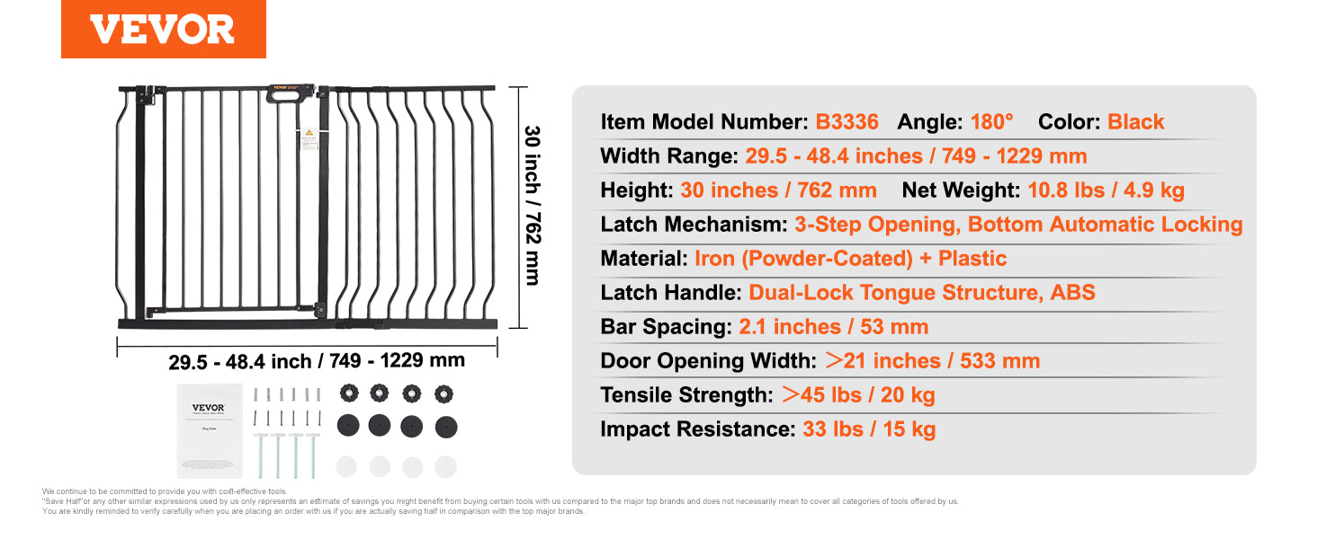 VEVOR Baby Gate 29.5"-39"/ 48.4"/ 53"/ 57.8" Extra Wide 30" High Dog Gate for Stairs Doorways and House Auto Close Security Gate