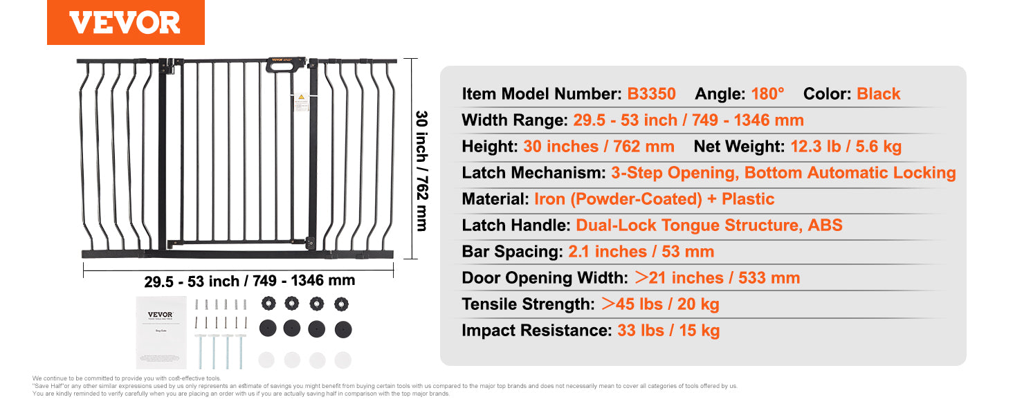 VEVOR Baby Gate 29.5"-39"/ 48.4"/ 53"/ 57.8" Extra Wide 30" High Dog Gate for Stairs Doorways and House Auto Close Security Gate