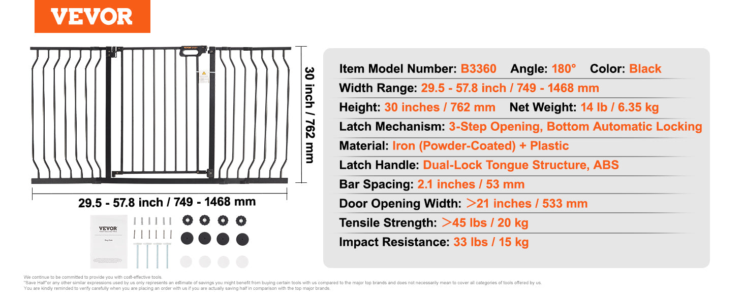 VEVOR Baby Gate 29.5"-39"/ 48.4"/ 53"/ 57.8" Extra Wide 30" High Dog Gate for Stairs Doorways and House Auto Close Security Gate